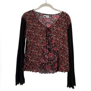 Vintage Y2K 90s I.N. Studio Sheer Long Sleeve Paisley Lettuce Hem Blouse Top